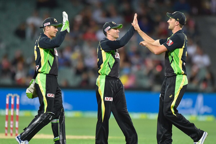 Australian players celebrate the wicket of Kusal Mendis of Sri Lanka during the International T20 cricket match.