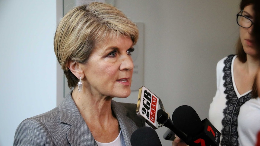 Foreign Minister Julie Bishop talks into a radio journalists microphone at a doorstop.