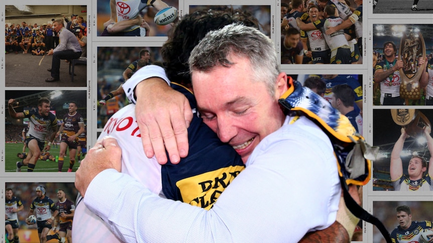 A picture of a man hugging another man, overlaid on top of several photos from the game.