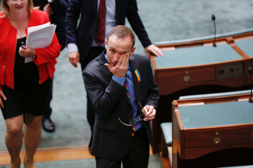 Adam Bandt crying following the same-sex marriage vote, on December 7, 2017.