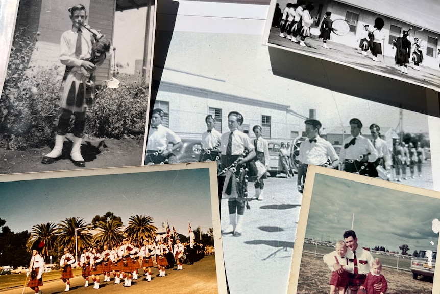 A collection of black and white and sepia-toned photos of a man playing bagpipes