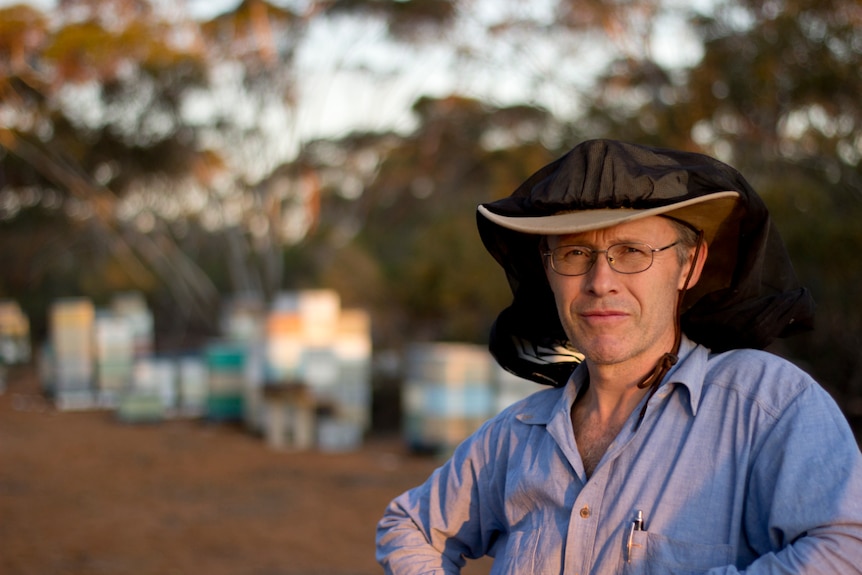 Peter McDonald looking very serious with a bee veil pulled up over his hat and hives in the background.