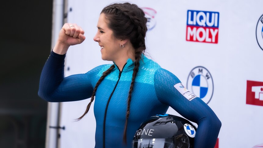 Australia's Bree Walker pumps her left fist after winning silver at a World Cup event in Austria.