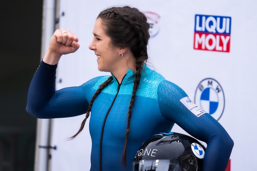 Australia's Bree Walker pumps her left fist after winning silver at a World Cup event in Austria.