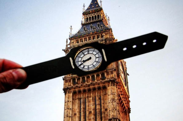 A photo of the Big Ben with a wristwatch cut out.