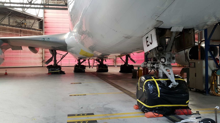 A mothballed aeroplane, with its tyres wheels wrapped in plastic, in a hangar at Sydney Airport