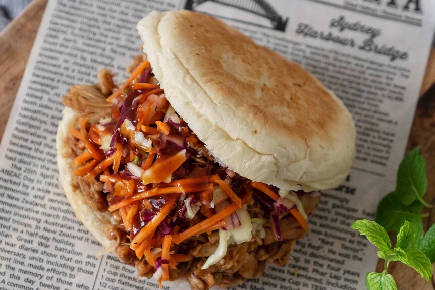 Pulled jackfruit barbecue sandwich topped with coleslaw