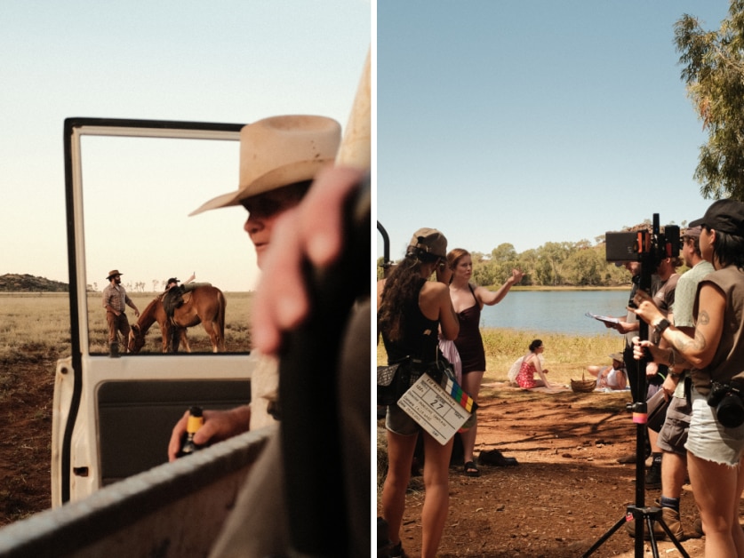 Film crew film a movie in an outback setting