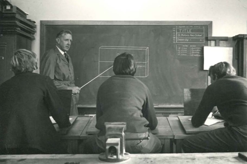 Kenneth Chapple in classroom at St Helens High School in the 1970's