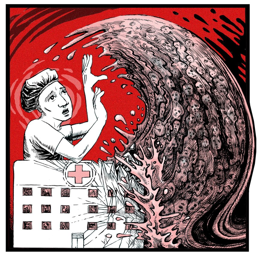 An illustration of a woman standing behind a hospital cowering under a giant wave
