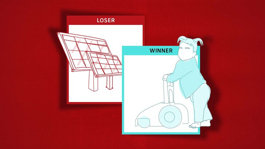 Illustration of winner with picture of girl pushing cart for childcare and loser card of solar panels representing renewables.