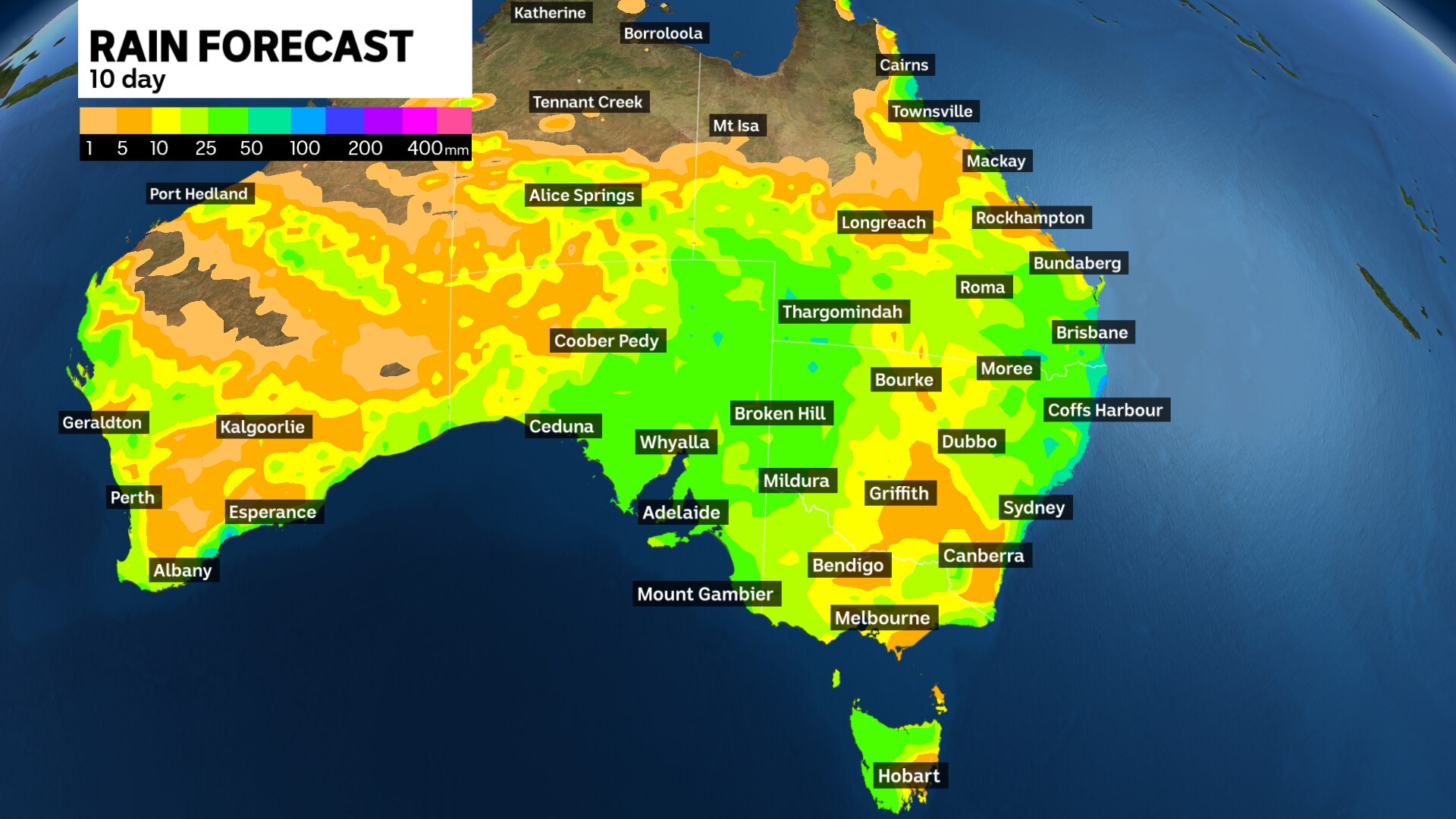 a weather graph of australia showing forecast rain over a ten day period