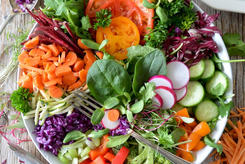 A bowl filled with brightly coloured salad vegetables and a metal fork