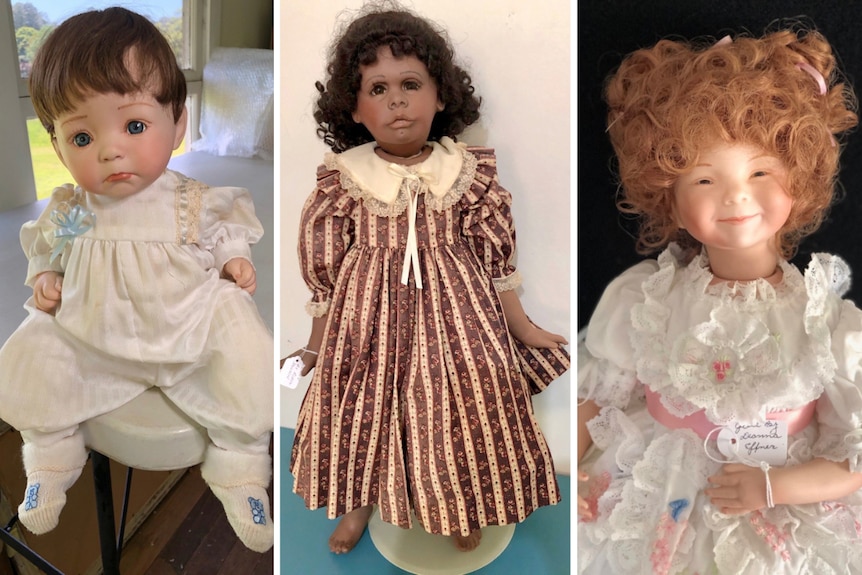 A collage of three images of different porcelain dolls