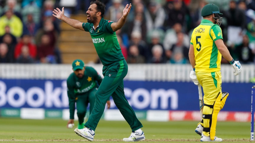 Wahab Riaz holds his arms outstretched with his mouth open as Aaron Finch turns his back to the bowler