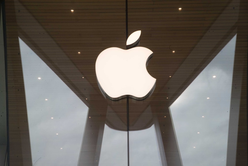 A logo of the technology company Apple in white on a glass door.