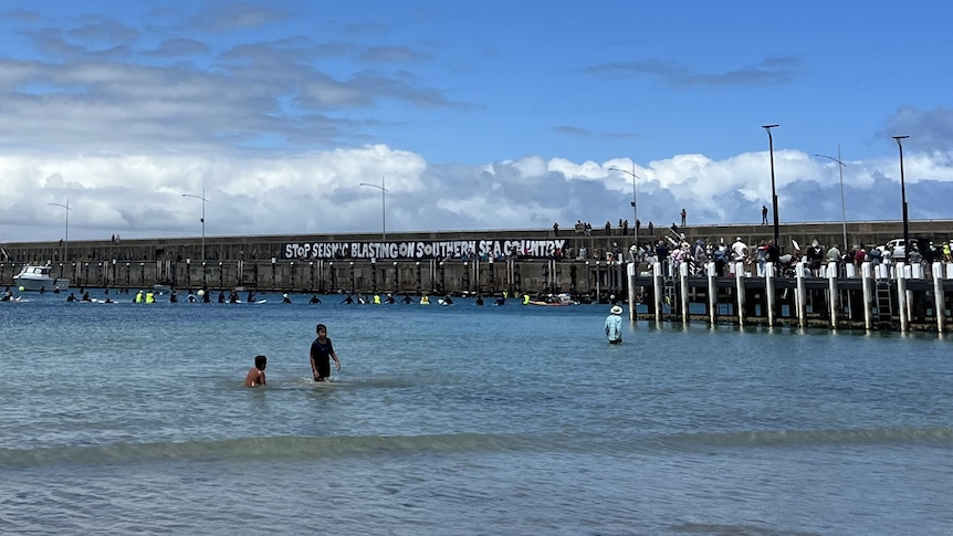 A group of surfers gathered in the water in front of a large sign spelling out "STOP SEISMIC BLASTING ON SOUTHERN SEA COUNTRY"