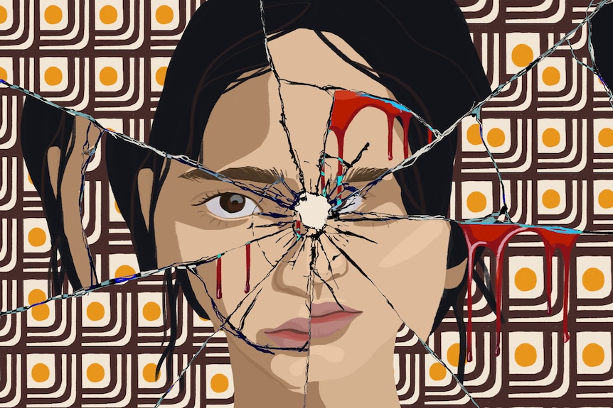 An illustration of a woman is shattered by a bullethole