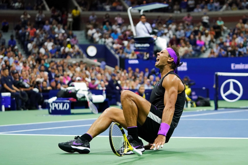 Rafael Nadal reacts after beating Daniil Medvedev to win the US Open