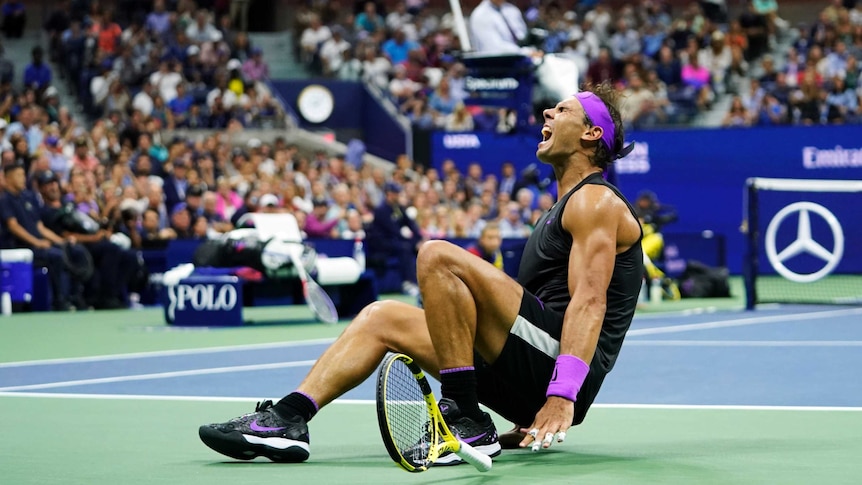 Rafael Nadal reacts after beating Daniil Medvedev to win the US Open