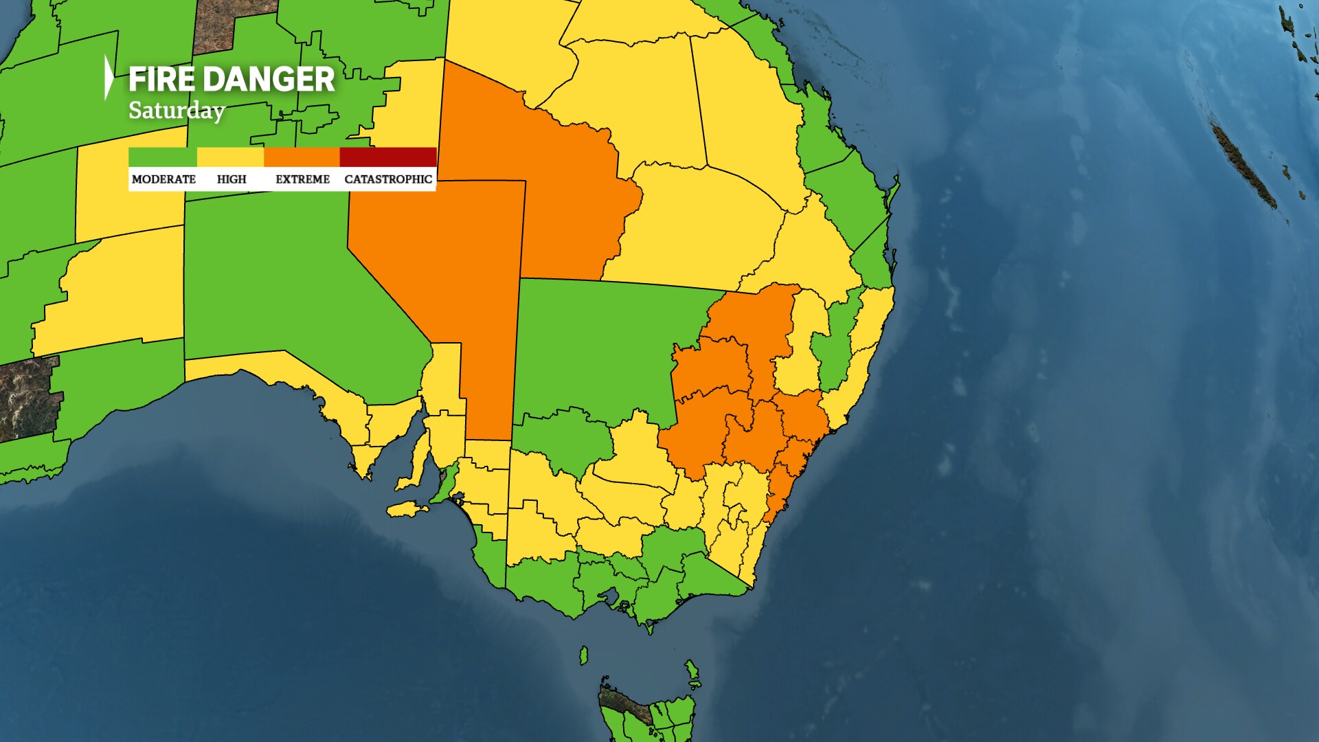 A map indicating areas of fire danger in south-east Australia.