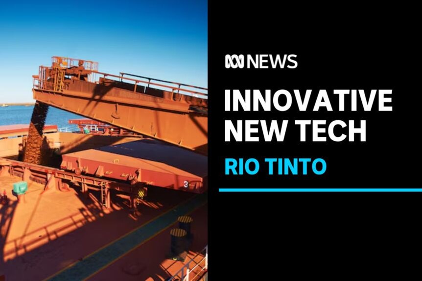 Innovative New Tech, Rio Tinto: Iron ore pours from a machine into a hole in the deck of a ship.