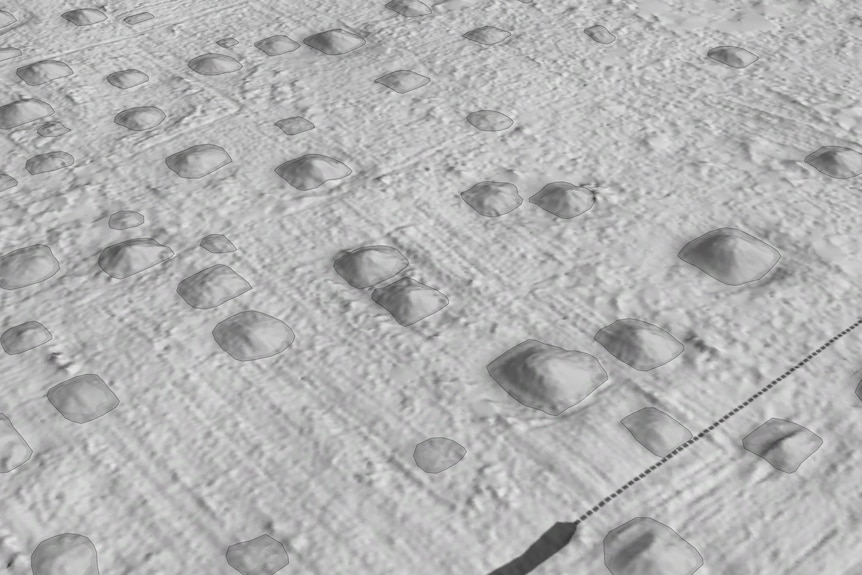 Zoomed in grey scale image of landscape with mounds and craters. 
