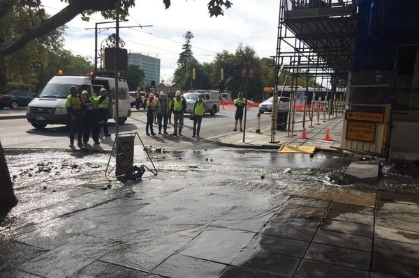 Water from a burst water main spills across the pavement and roads on North Terrace in Adelaide