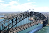 Aerial view of Sydney harbour bridge in sunshine