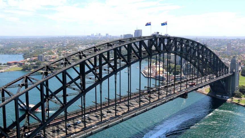 Aerial view of Sydney harbour bridge in sunshine