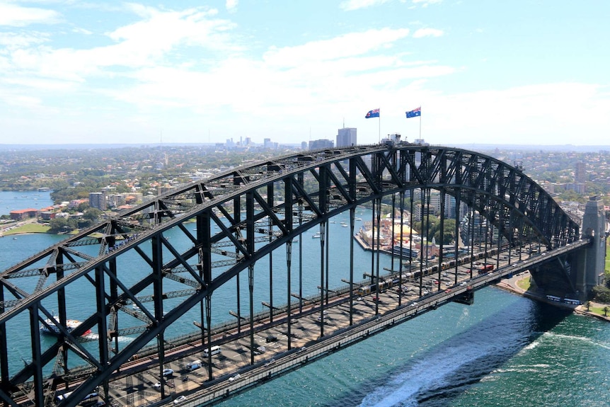 Aerial view of Sydney harbour bridge in sunshine