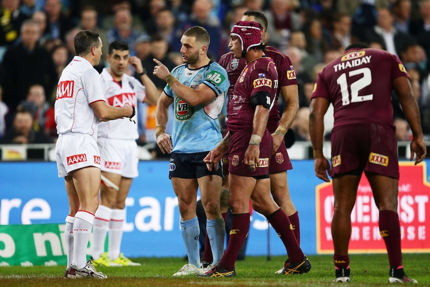 Robbie Farah remonstrates with Gerard Sutton in Origin I