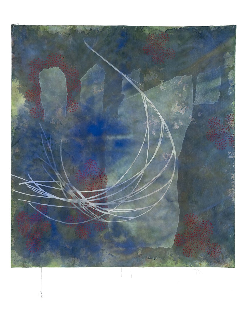 A painting by Judy Watson, watery blues and reds and the outline of a string