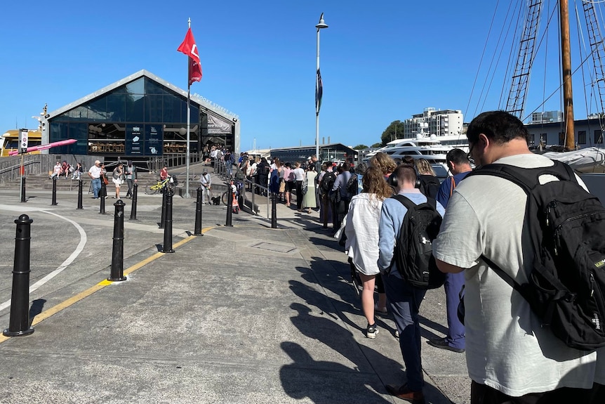 A line up of people at the docks.