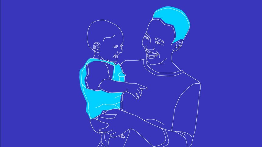 A line illustration on a blue background of a parent smiling and holding a baby who is also smiling