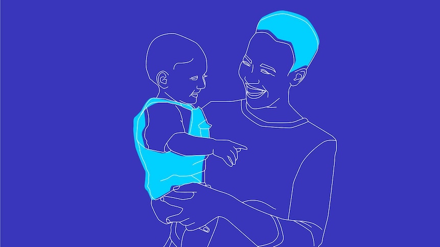 A line illustration on a blue background of a parent smiling and holding a baby who is also smiling