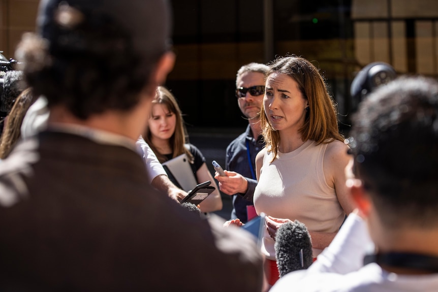 A woman with long brown hair speaks to reporters