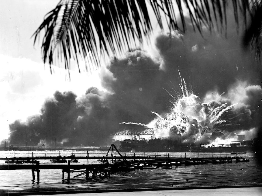 The USS Shaw explodes during the Japanese attack on Pearl Harbour.