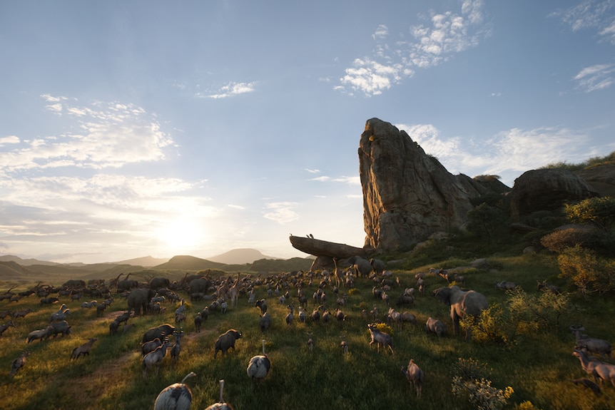 Colour still of animated animals gathering around elevated large rock face in African savanna in 2019 film The Lion King.