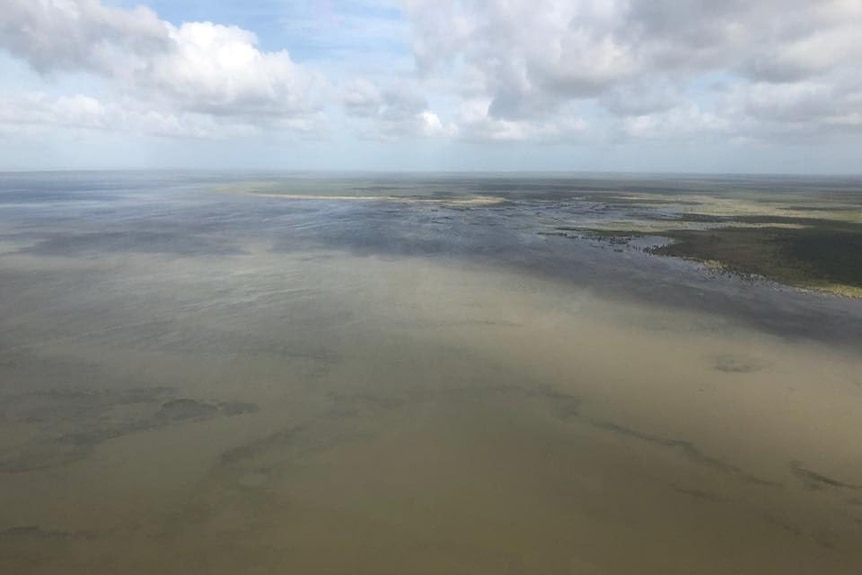 A vast flooded landscape with some flat islands of green against a blue, party cloudy sky.