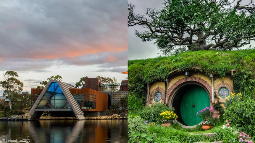 A composite image of MONA in Hobart and Hobbiton in New Zealand.