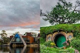 A composite image of MONA in Hobart and Hobbiton in New Zealand.