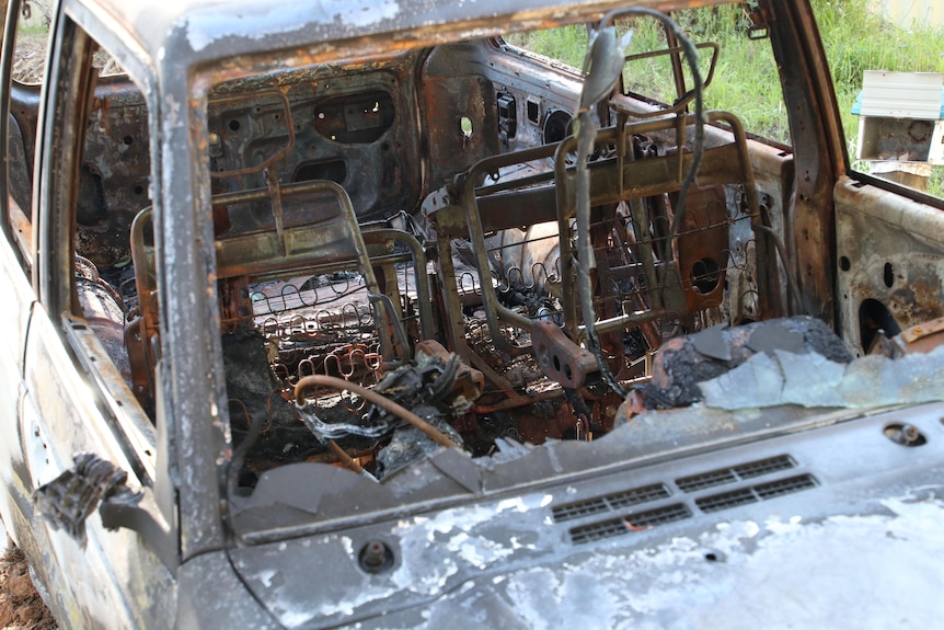 A car gutted by fire.