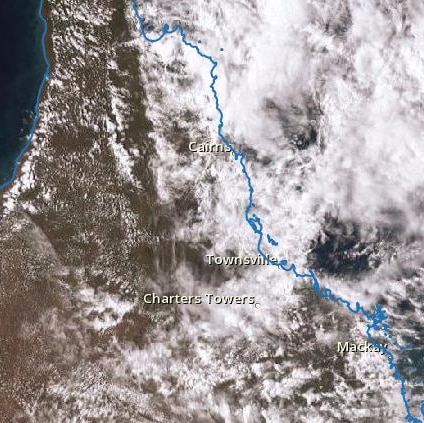 Satellite image of heavy cloud over northern Queensland coastline