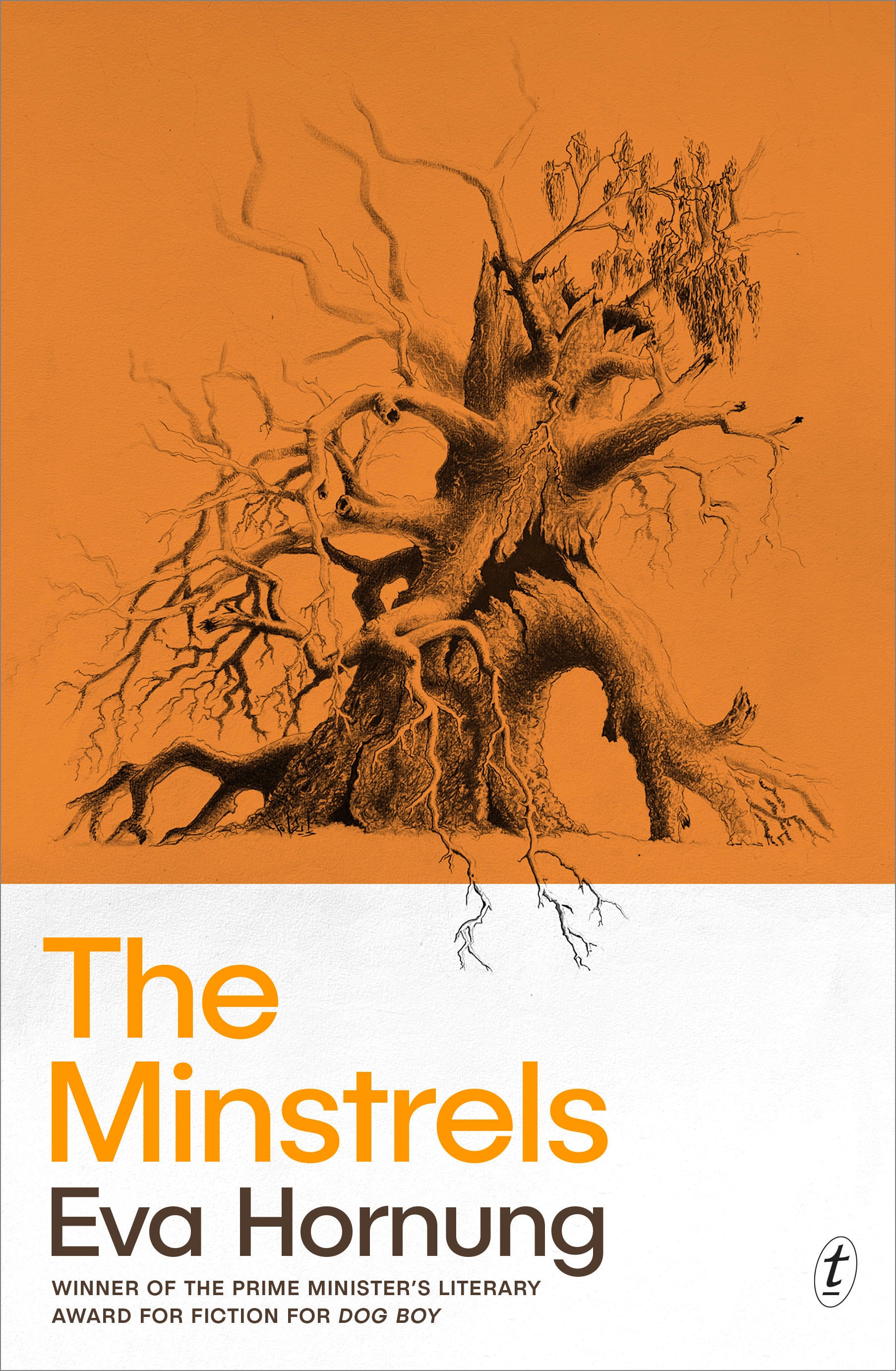 Cover of The Minstrels by Eva Hornung showing a sketch of a gnarled tree on an orange background.
