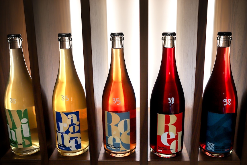 Row of five brightly coloured bottles of wine sitting on wooden shelving backlight with stark white lighting