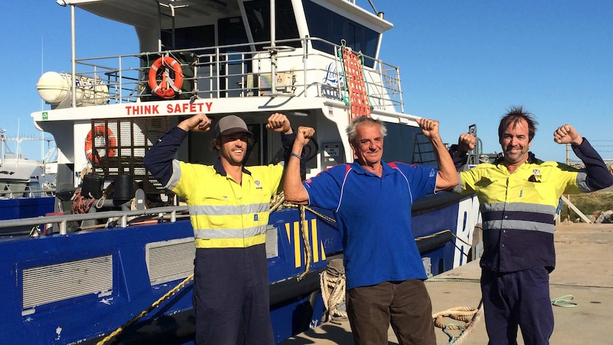 Deckhand Jesse Bailey (l) and boat master Lance Dennis rescued John Sanders (c) after his yacht started taking on water off WA's Gascoyne coast. 28 June 2015