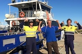 Deckhand Jesse Bailey (l) and boat master Lance Dennis rescued John Sanders (c) after his yacht started taking on water off WA's Gascoyne coast. 28 June 2015