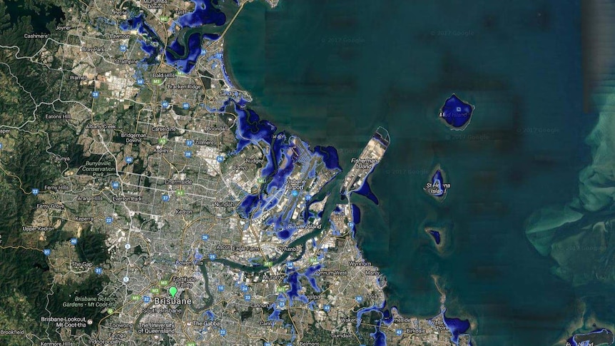 A map shows the risk of a two-metre sea level rise in Brisbane.