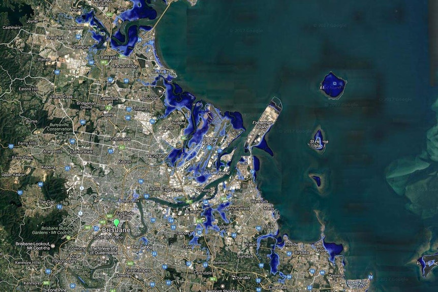 A map shows the risk of a two-metre sea level rise in Brisbane.